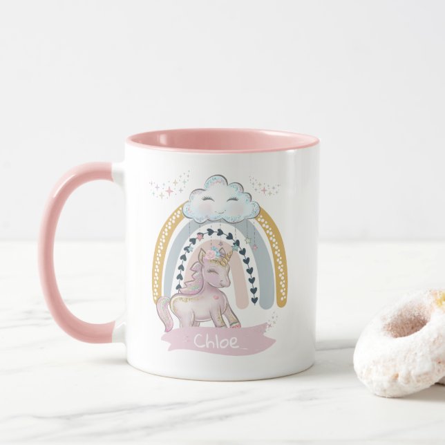 🦄 Rainbow Unicorn Girl Individuelle Name Tasse (Mit Donut)
