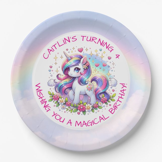 Rainbow Unicorn Girl's Birthday Party Personalized Pappteller (Vorderseite)
