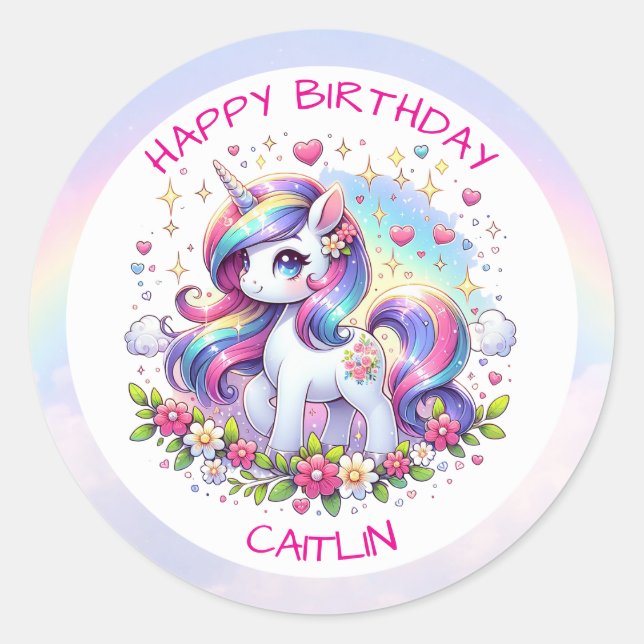 Rainbow Unicorn Girl's Birthday Party Personalized Runder Aufkleber (Vorderseite)