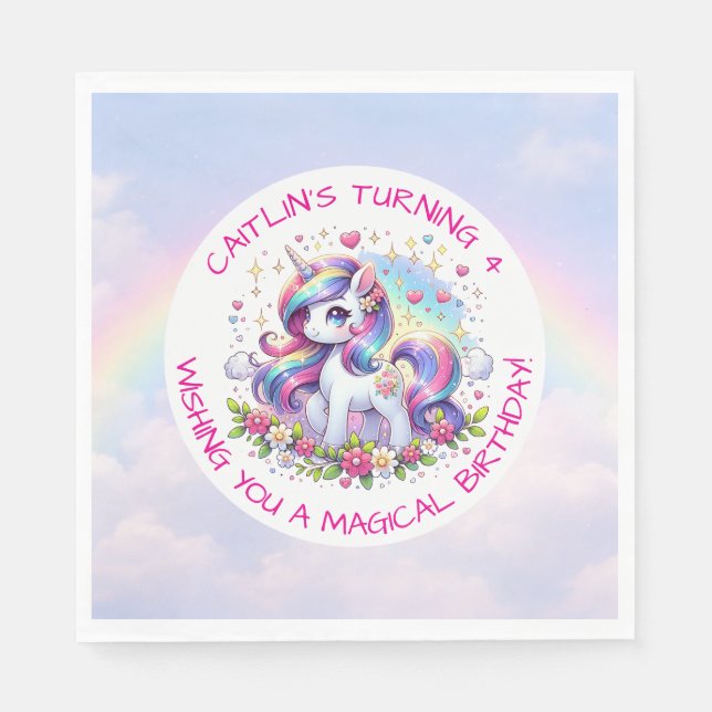 Rainbow Unicorn Girl's Birthday Party Personalized Serviette (Vorderseite)