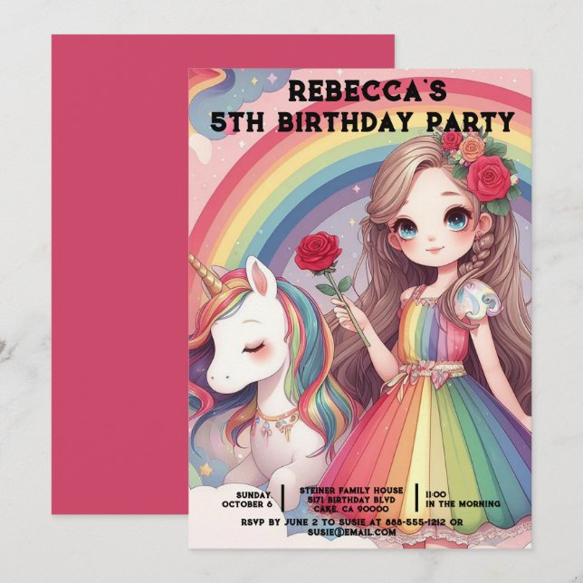 Rainbow Unicorn Girly Birthday Party Einladungen (Vorne/Hinten)