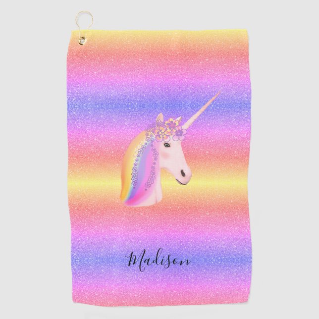 Rainbow Unicorn Glitzer Glitzern Personalisiert Golfhandtuch (Vorderseite)