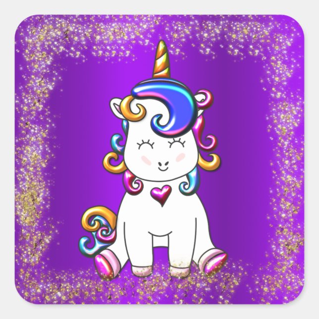 Rainbow Unicorn Glitzer Lila Quadratischer Aufkleber (Vorderseite)