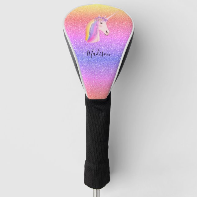 Rainbow Unicorn Glitzer Magischer Personalisierter Golf Headcover (Vorderseite)