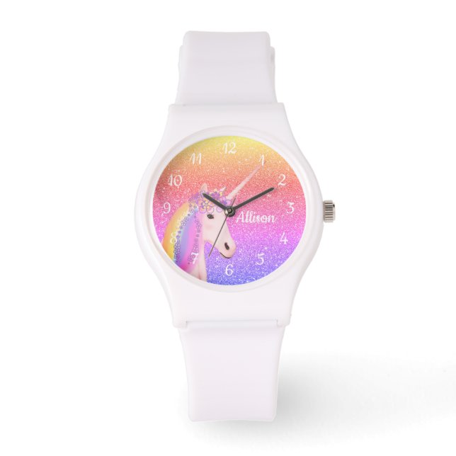 Rainbow Unicorn Glitzer Personalisiert Womens Armbanduhr (Vorderseite)
