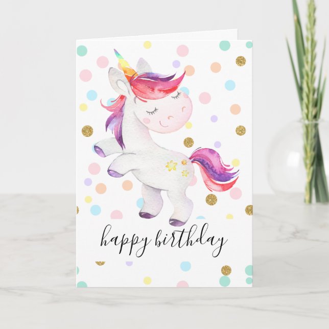 Rainbow Unicorn Glitzer Polka Dot Girl Birthday Karte (Vorderseite)