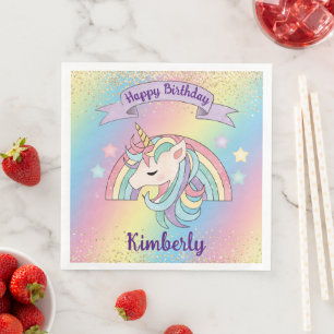 Rainbow & Unicorn Gold Glitzer Geburtstag Serviette