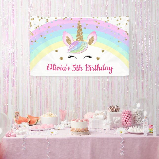 Rainbow Unicorn Gold Glitzer Girl Birthday Banner (Party)