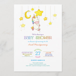 Rainbow Unicorn Hängend von Stars Baby Shower Einladung