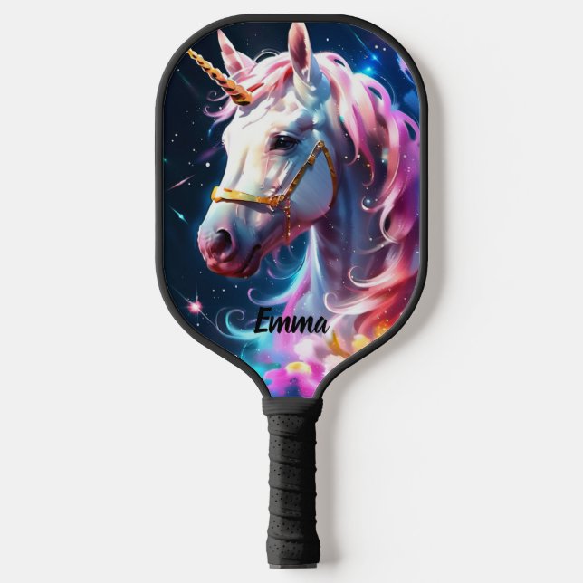 Rainbow Unicorn Head Individuelle Name Text Pickleball Schläger (Vorderseite)