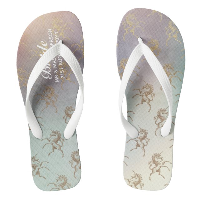Rainbow Unicorn Hochzeit Flipflops BRIDE Gold (Fußbett)