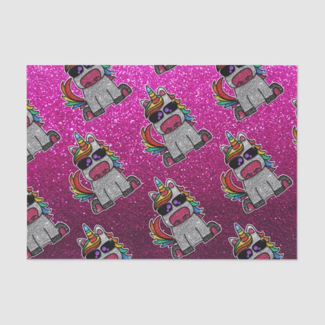 Rainbow Unicorn Hot Pink Glitzer Birthday Wrapping Seidenpapier (Vorderseite)