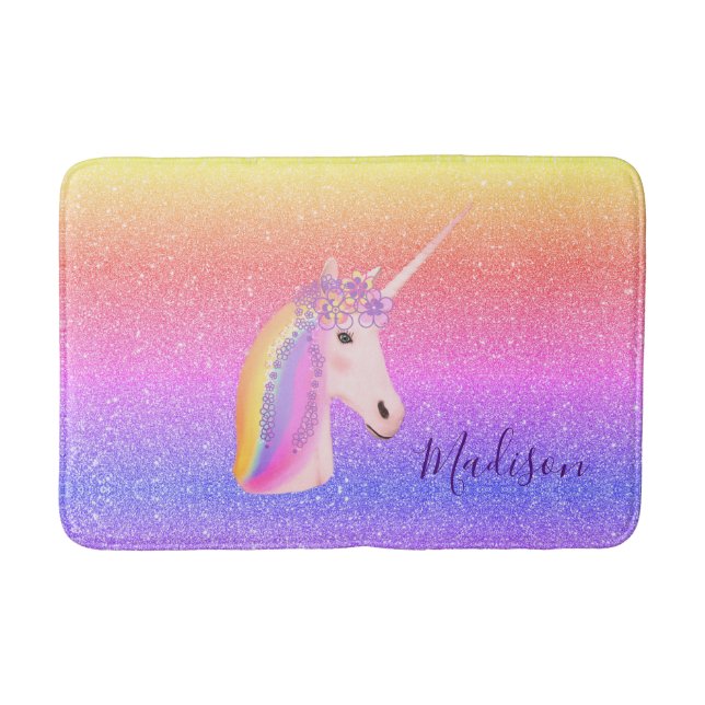 Rainbow Unicorn Imitats Glitzer Girls Personalisie Badematte (Vorderseite)