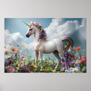 Rainbow Unicorn in Blume Wiese - Fantasy Pastel Poster