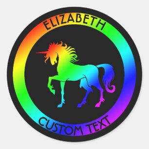 Rainbow Unicorn in schwarzen Kreisen Runder Aufkleber