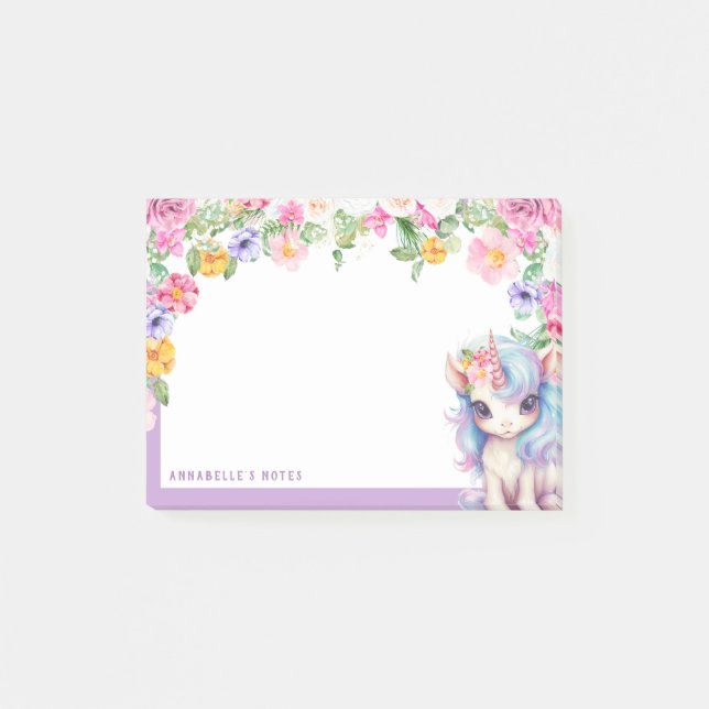 Rainbow Unicorn Individuelle Name Floral Kids Scho Post-it Klebezettel (Vorderseite)