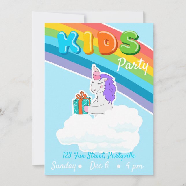 Rainbow Unicorn Kinder Party Einladung (Vorderseite)