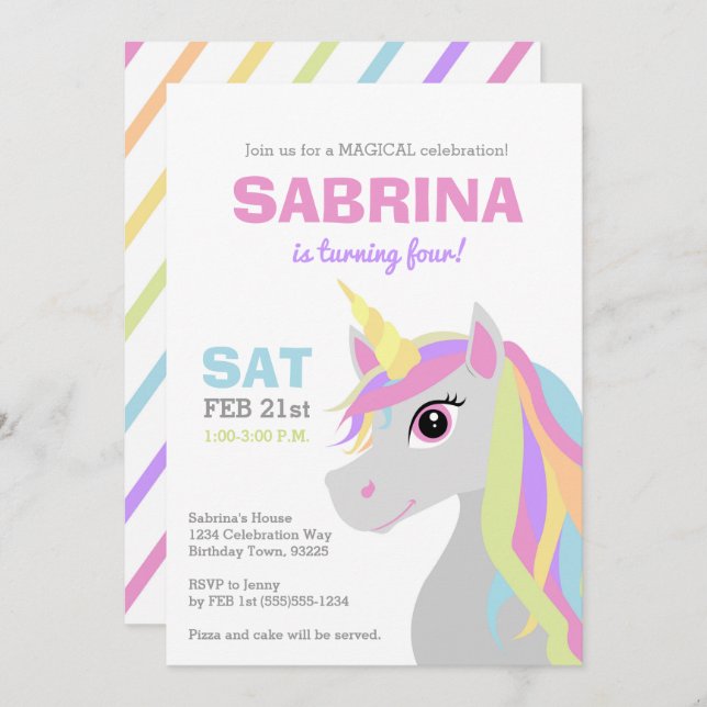 Rainbow Unicorn Kindergeburtstag Party Einladung (Vorne/Hinten)