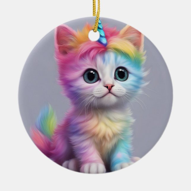 Rainbow Unicorn Kitten Keramik Ornament (Vorne)