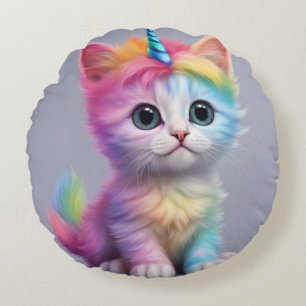 Rainbow Unicorn Kitten Rundes Kissen