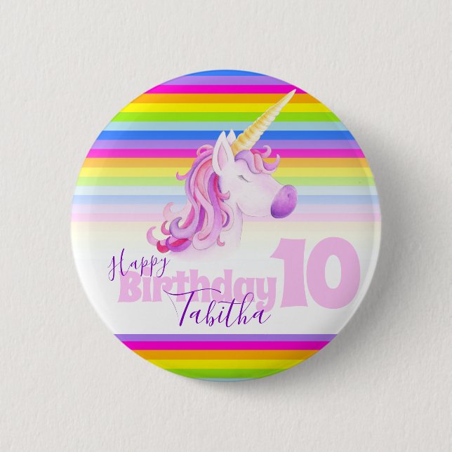 Rainbow Unicorn Kopf Wasserfarbe Kunst Alter 10 Ta Button (Vorderseite)