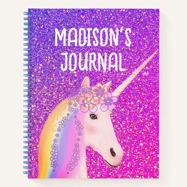 Rainbow Unicorn Lila Glitzer Monogram Journal Notizbuch (Vorderseite)