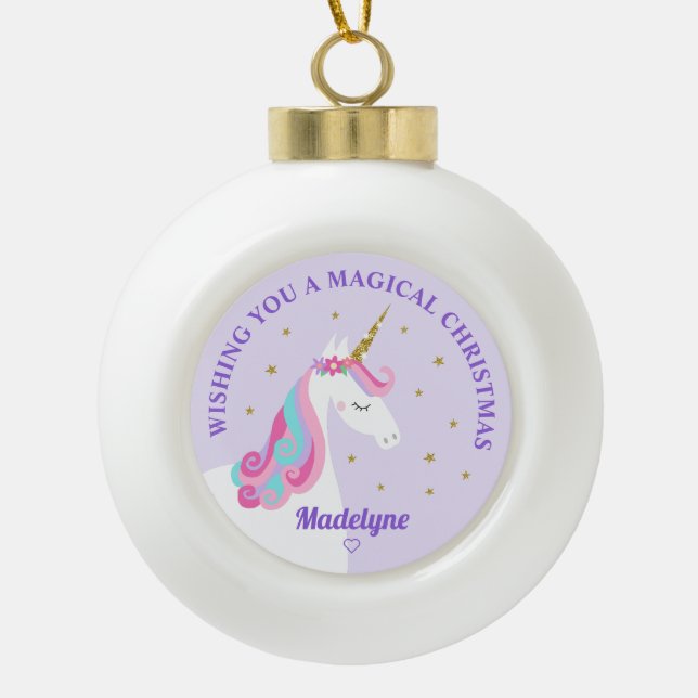 Rainbow Unicorn Lila Personalisiertes Weihnachtsfe Keramik Kugel-Ornament (Vorderseite)