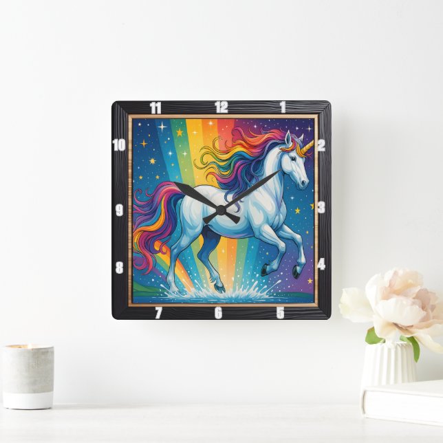 Rainbow Unicorn Magic Fantasy Quadratische Wanduhr (Zuhause)