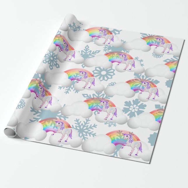 Rainbow Unicorn Magische Schneeflocken Niedlich Geschenkpapier (Ungerollt)