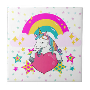 Rainbow Unicorn mit Sternen Fliese