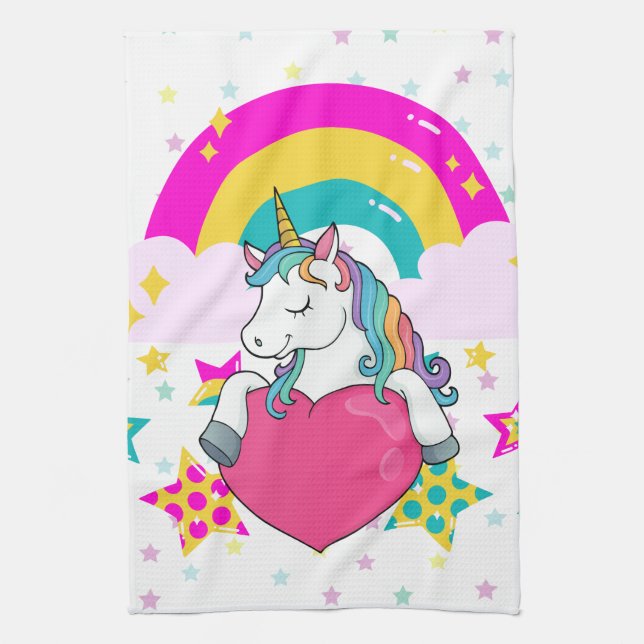 Rainbow Unicorn mit Sternen Geschirrtuch (Vertikal)
