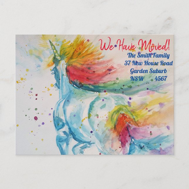 Rainbow Unicorn neue Adresse Postkarte Wir bewegen (Vorderseite)