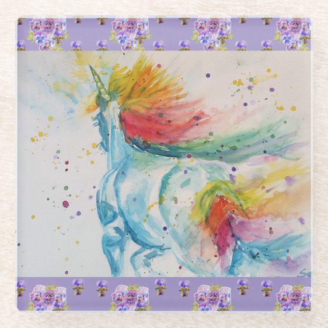 Rainbow Unicorn Niedlich Girls Lila Pansy Unterset Glasuntersetzer (Vorderseite)