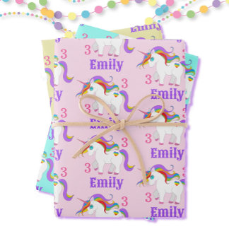 Rainbow Unicorn Niedlich Heart Child's Name & Age  Geschenkpapier Set