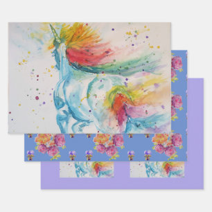 Rainbow Unicorn Niedlich Magisches Watercolor Wrap Geschenkpapier Set