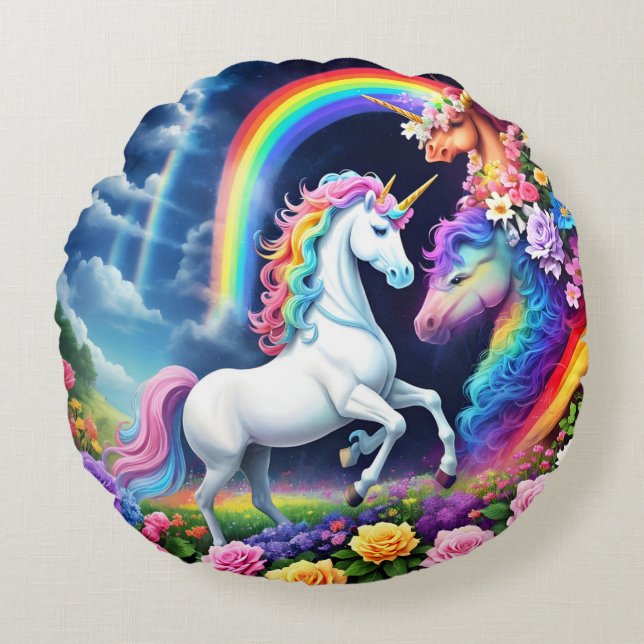 Rainbow Unicorn One Rundes Kissen (Vorderseite)