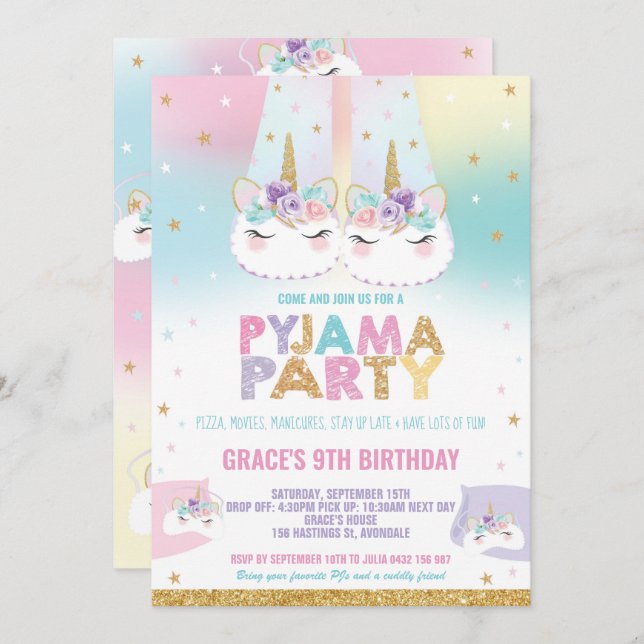 Rainbow Unicorn Pajama Birthday Party Pajama Einladung (Vorne/Hinten)
