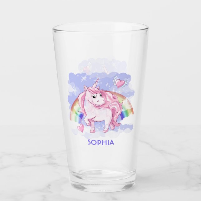 Rainbow Unicorn Personalisierter Name Glas (Vorderseite)