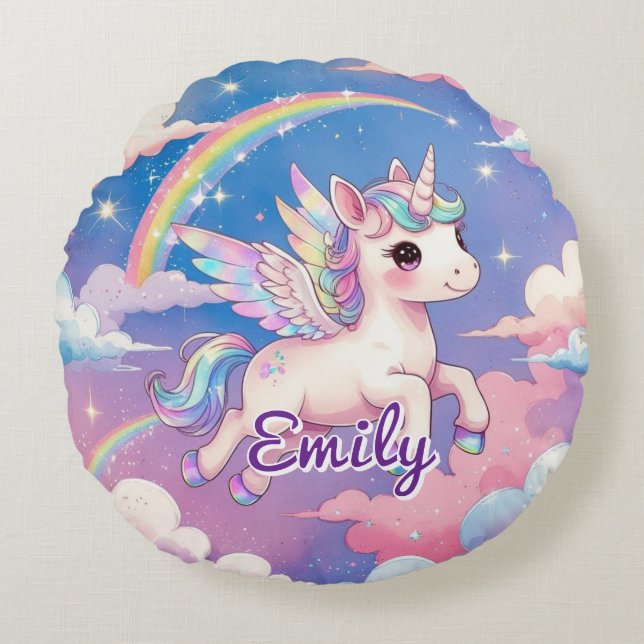 Rainbow Unicorn Personalisiertes Rundkissen Rundes Kissen (Vorderseite)