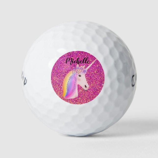 Rainbow Uniçorn Pink Glitzer Magisch Personalisier Golfball (Vorderseite)