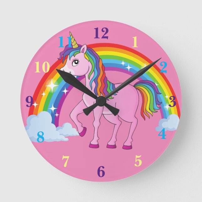 Rainbow Unicorn Pink Kinderzimmer Wall Clock Runde Wanduhr (Vorderseite)
