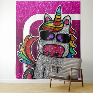 Rainbow Unicorn Rosa Glitzer Foto Stand Hintergrun Wandteppich