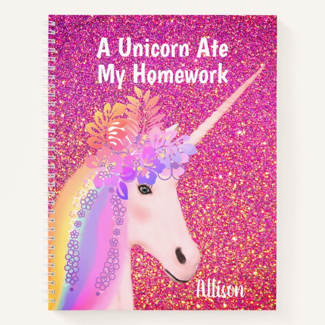Rainbow Unicorn Rosa Glitzer Glam Personalisiert Notizbuch (Vorderseite)