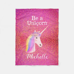 Rainbow Unicorn Rosa Glitzer Glitzern Personalisie Fleecedecke