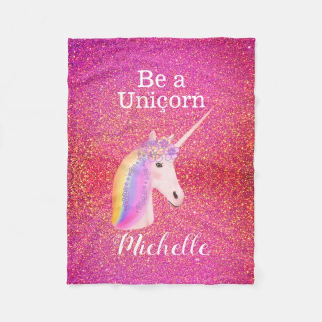 Rainbow Unicorn Rosa Glitzer Glitzern Personalisie Fleecedecke (Vorderseite)