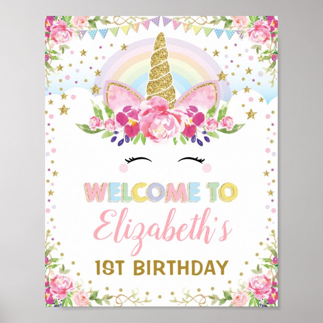 Rainbow Unicorn Rosa Gold Floral Geburtstag Willko Poster (Vorne)