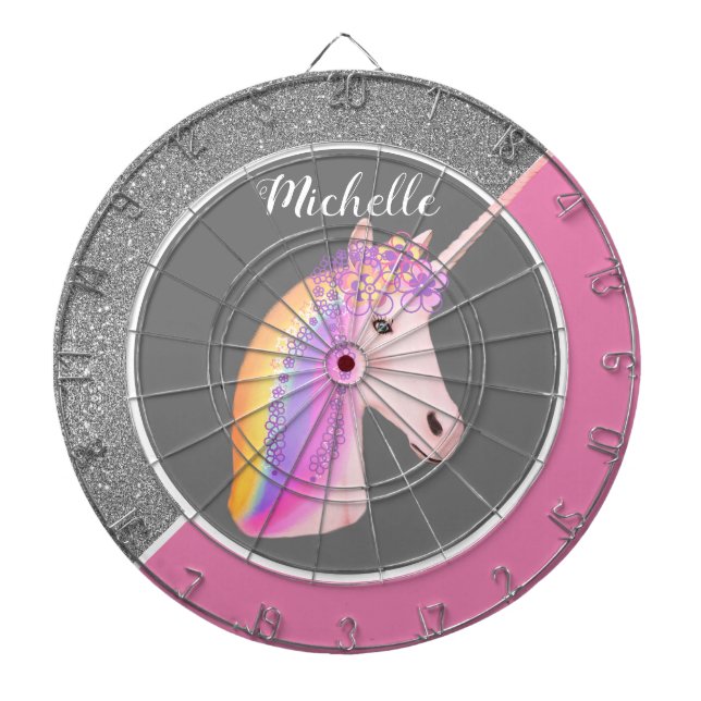 Rainbow Unicorn Rosa Silberner Glitzer Glitzern Gi Dartscheibe (vorne)