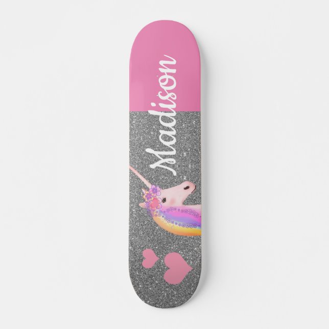 Rainbow Unicorn Rosa Silberner Glitzer Personalisi Skateboard (Vorne)