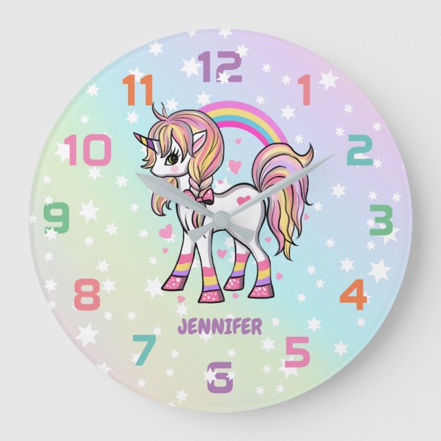 Rainbow Unicorn Stars Kinderzimmer Decke Wand Uhr (Vorderseite)