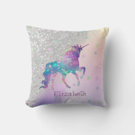 Rainbow Unicorn, Stars, Silberer Glitzer Bokeh Kissen